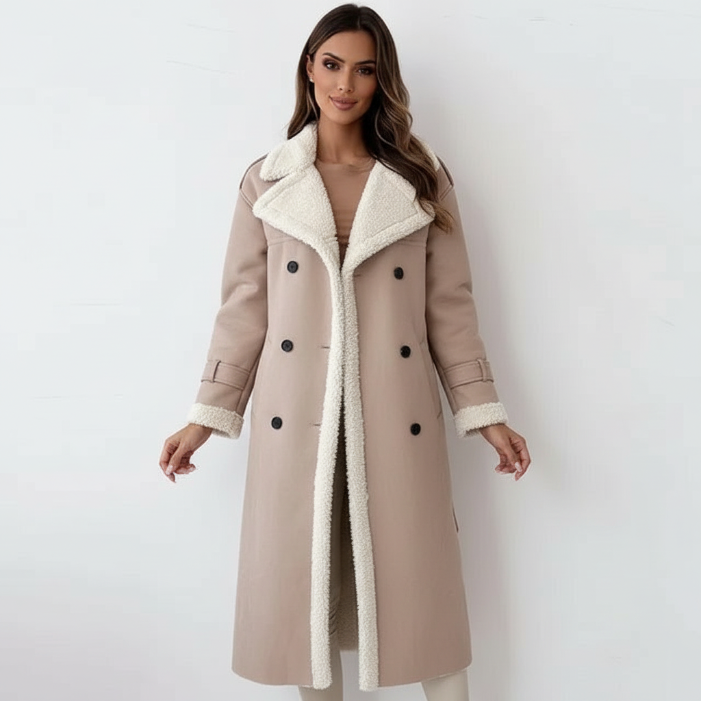 Shearling Elegance - Stijlvolle Vrouwen Double-Breasted Trenchcoat