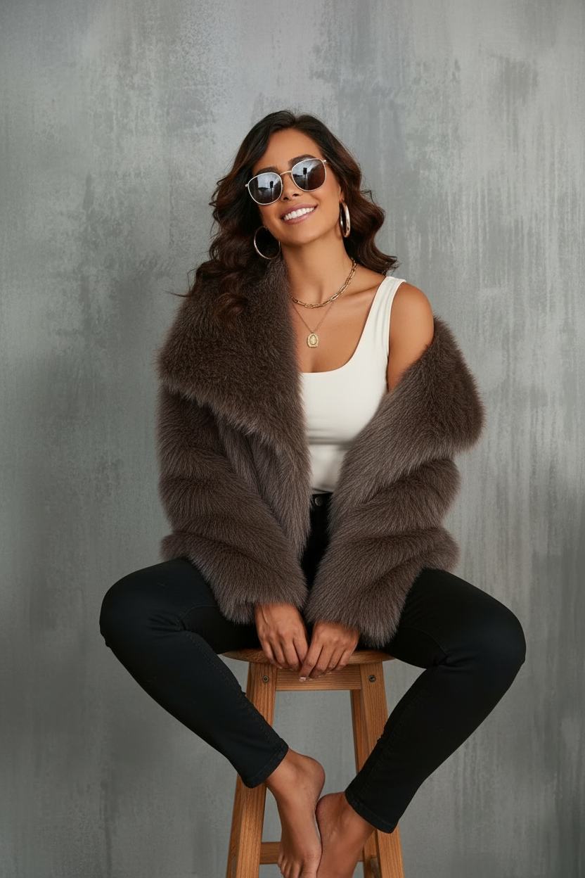 Aurora - Dames Luxe Faux Fur Cropped Jas met Volumineuze Kraag