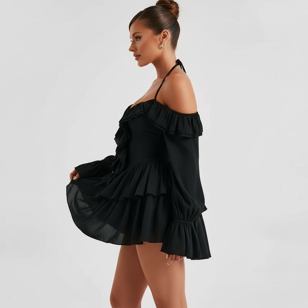 Luna - Elegante Vrouwen Off-Shoulder Ruches Mini Jurk