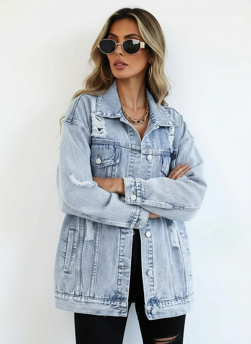 Dames Oversized Distressed Denim Jas