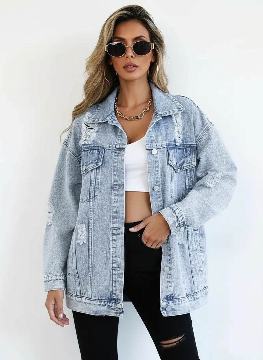 Dames Oversized Distressed Denim Jas