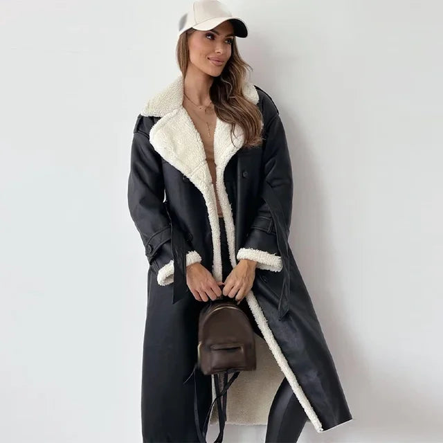 Shearling Elegance - Stijlvolle Vrouwen Double-Breasted Trenchcoat