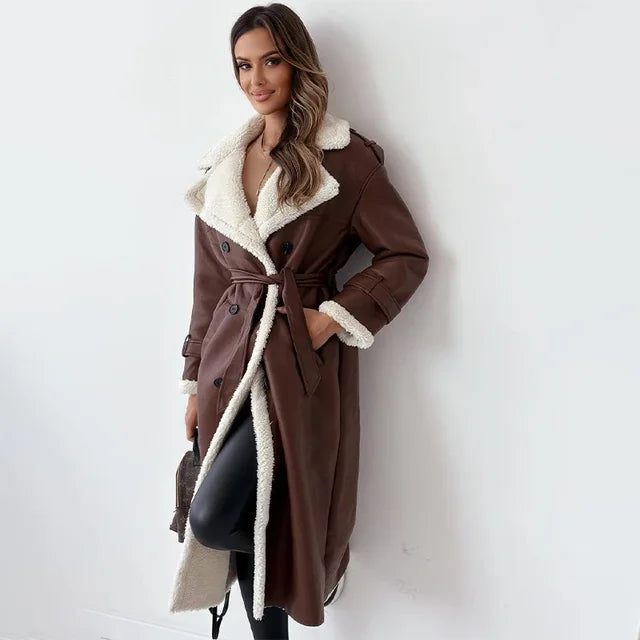 Shearling Elegance - Stijlvolle Vrouwen Double-Breasted Trenchcoat