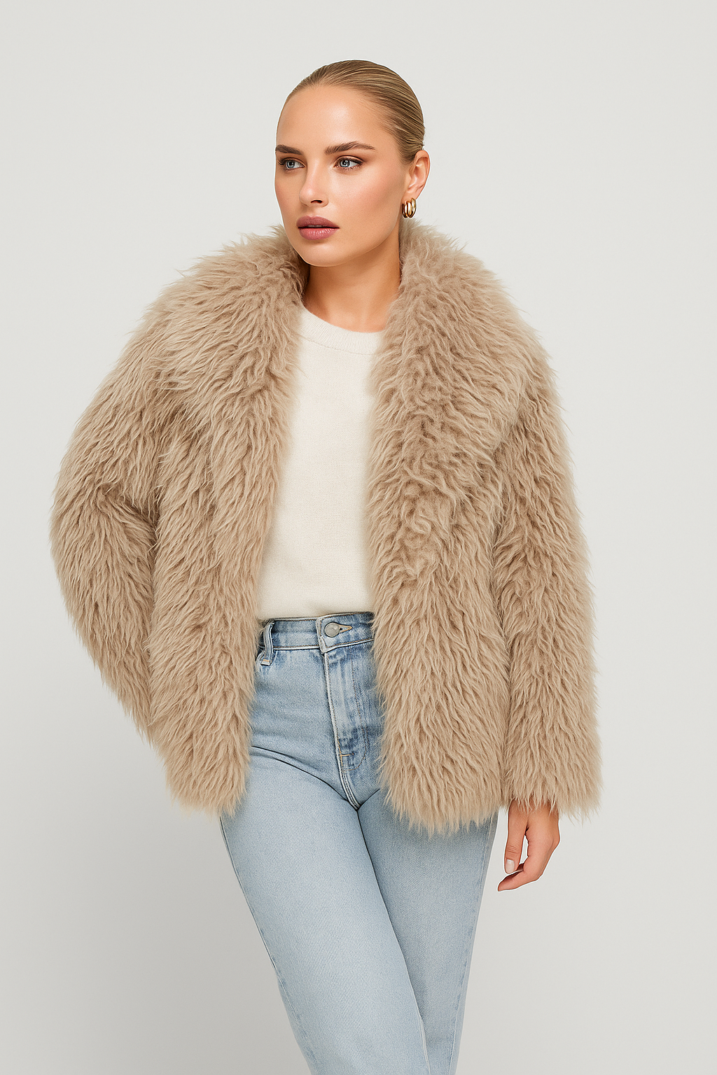 Beige Fluffy Bont Jas