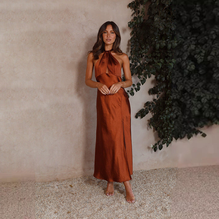 Satijnen Maxi Halterjurk met Split