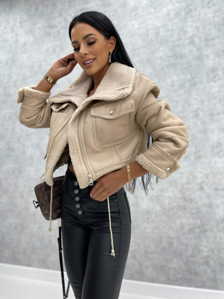 Aviator Sherpa Jas - Trendy Dames Faux Leren Jas met Warme Voering