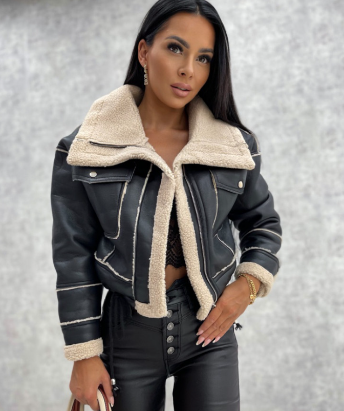 Aviator Sherpa Jas - Trendy Dames Faux Leren Jas met Warme Voering